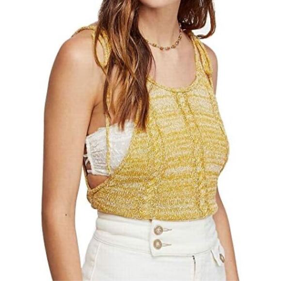 Free People Bombshell Cropped Knitted Sleeveless Top Mustard Yellow sz Small - Picture 2 of 10